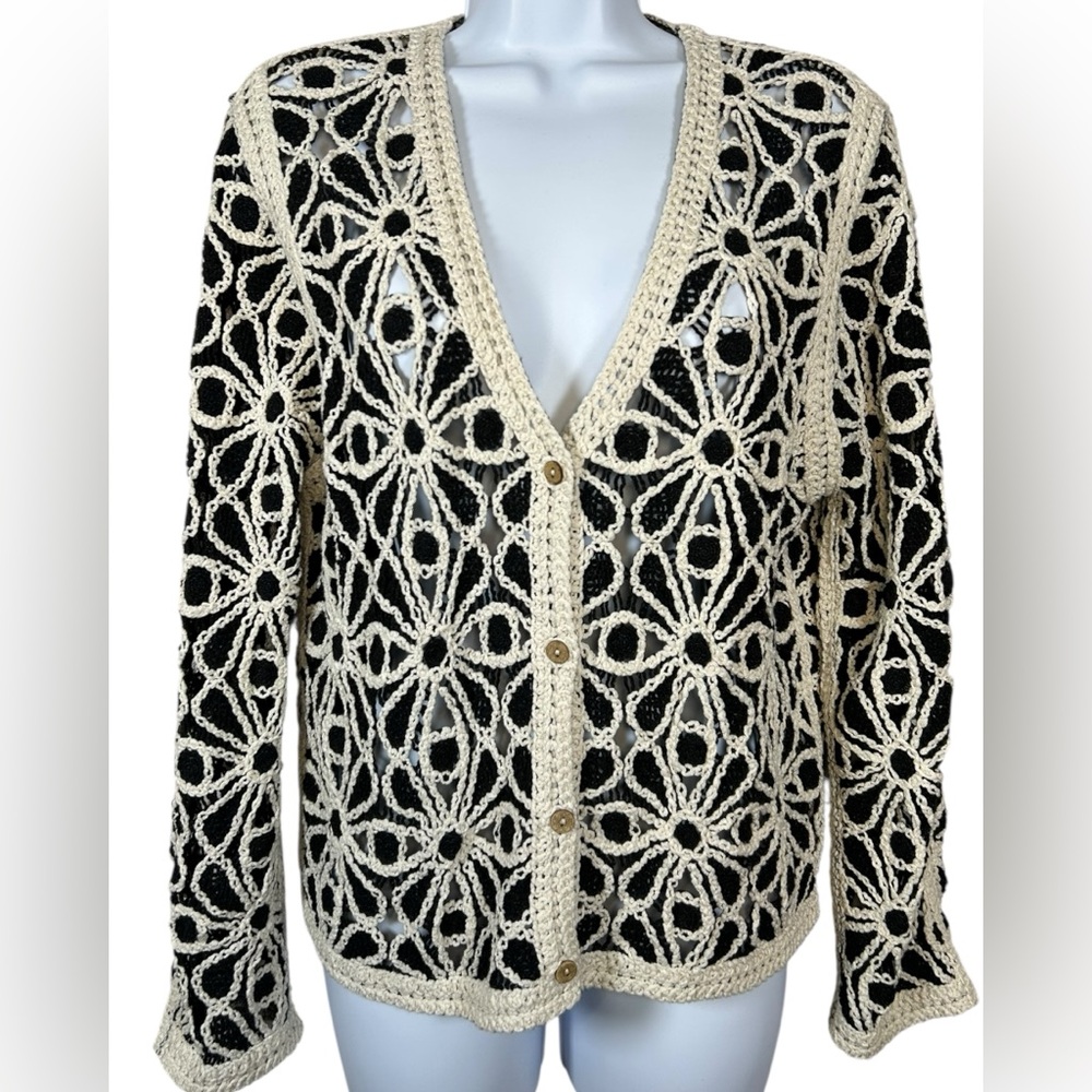 Solitaire Women’s Embroidered Chrochet Black Cream Floral‎ Cardigan Boho Sweater